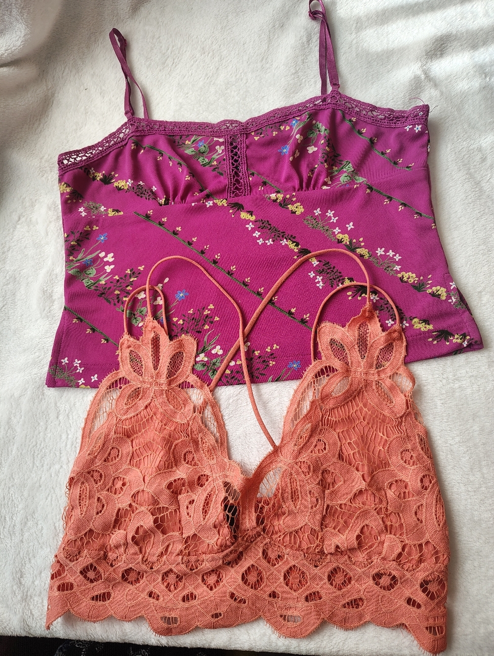 Floral Lace Bralette & Printed Camisole Set - Coral & Magenta